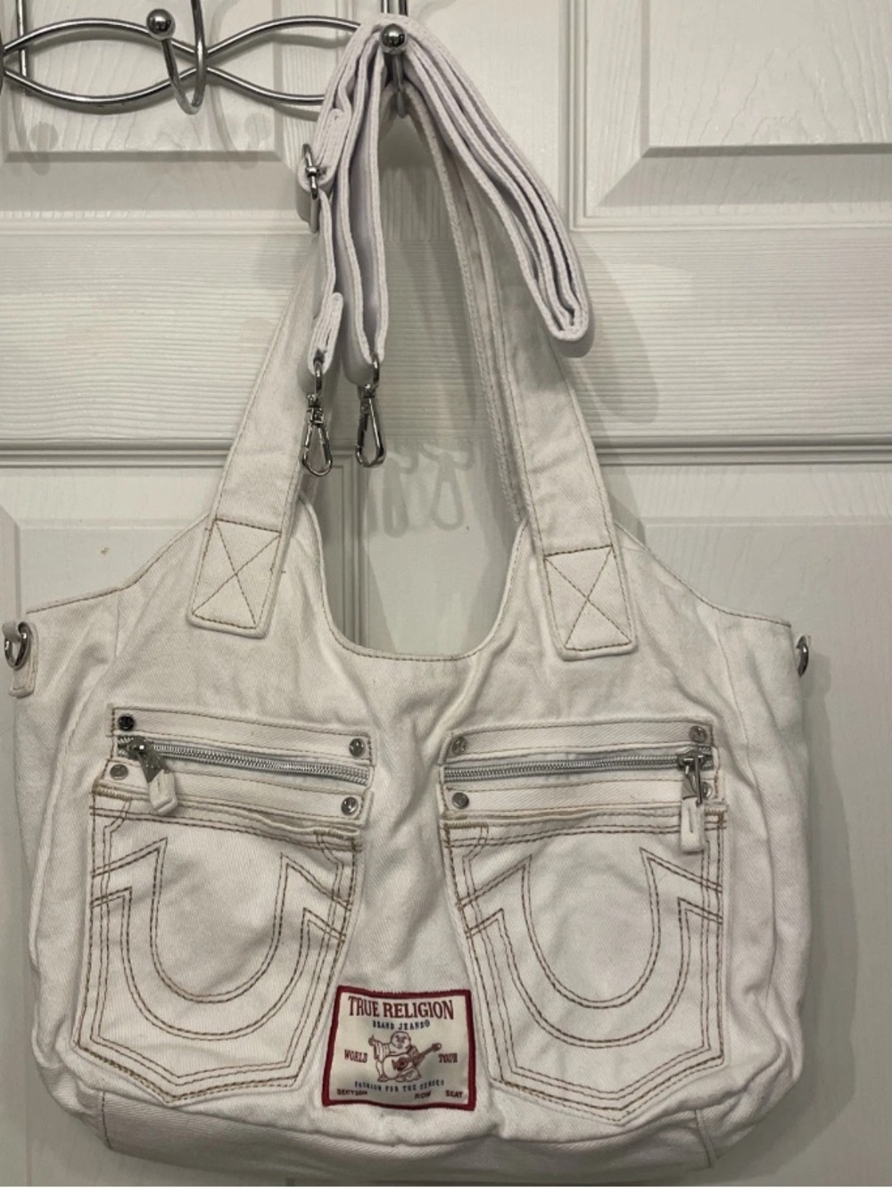 True Religion Horseshoe Denim Shoulder Bag White, Strap, Pockets $100 USD Retail